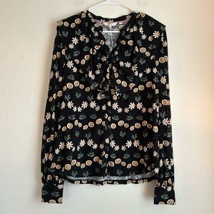 NWT Boden Ruffle Jersey Shirt in Black Delicate Daisy Size 10 Long Sleeve